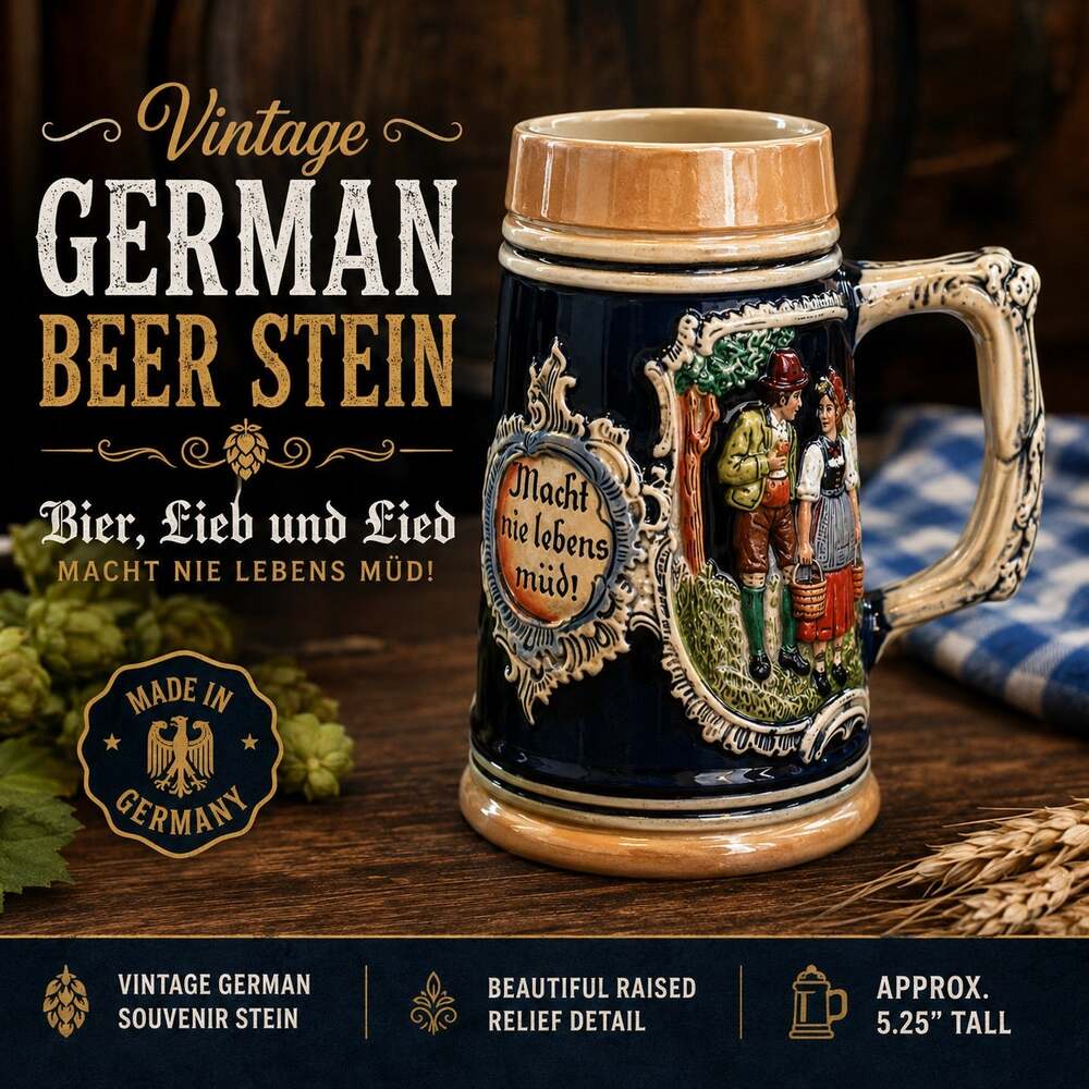 Vintage German Beer Stein “Bier, Lieb und Lied” Ceramic Beer Mug Germany 5.25”